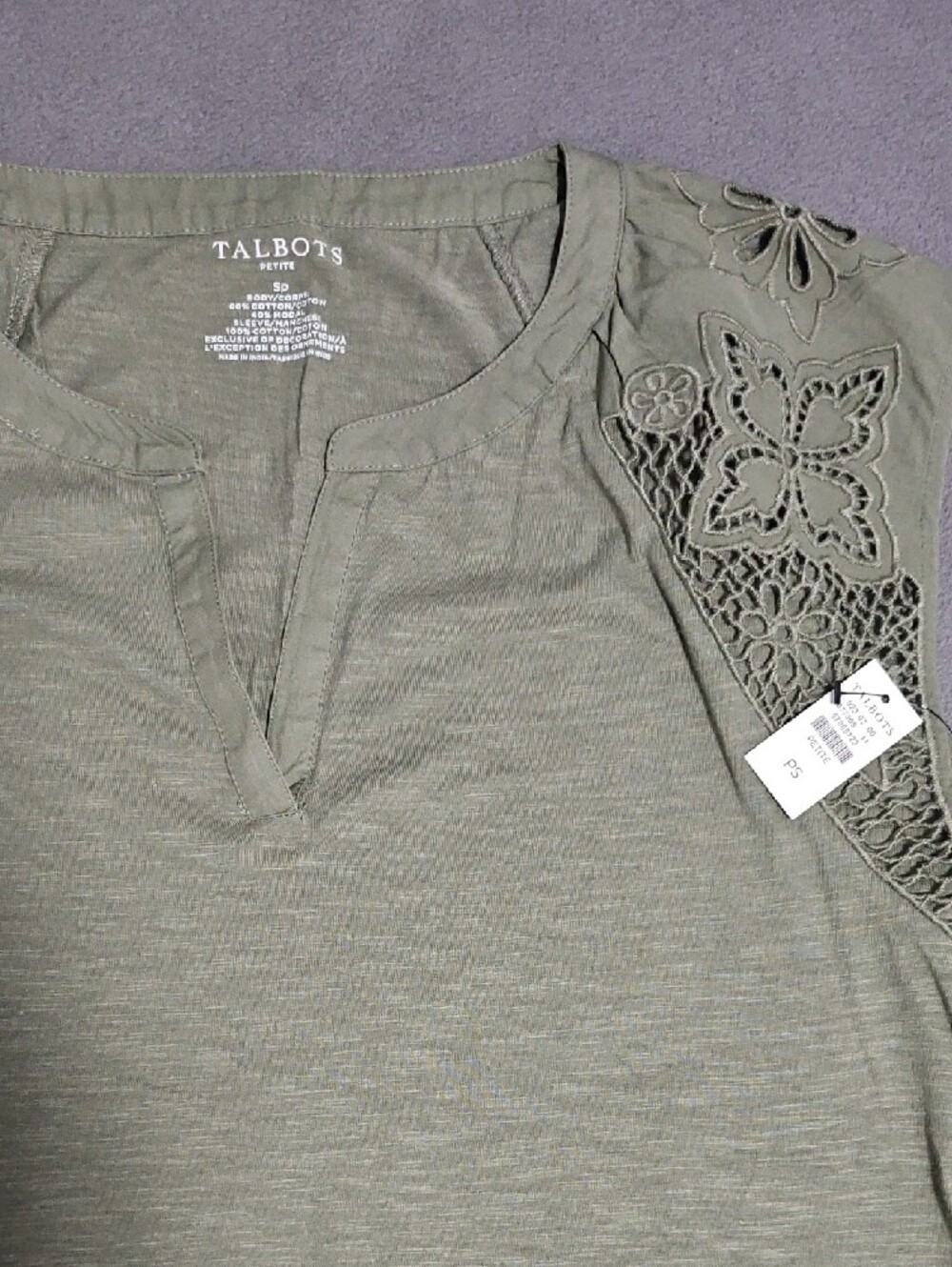 Talbots Olive Lace-Shoulder Split-Neck Tank - Picture 2 of 3
